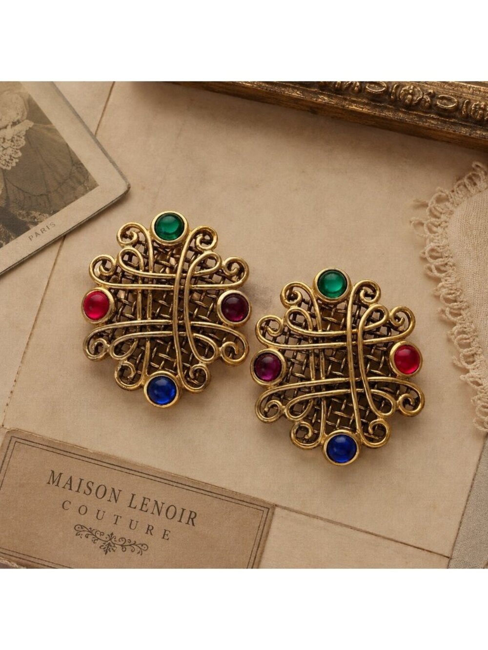 Vintage 80s Les Bernard Earrings Gripoix Mogul Statement Gold Tone Glass Clip On